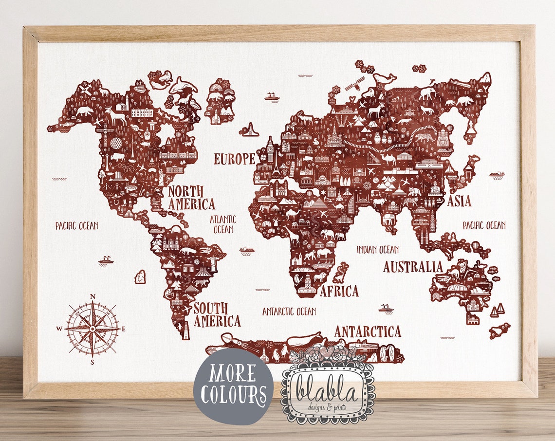 World Map Kids Navy Blue Animals Continents Educational Poster - Image 2