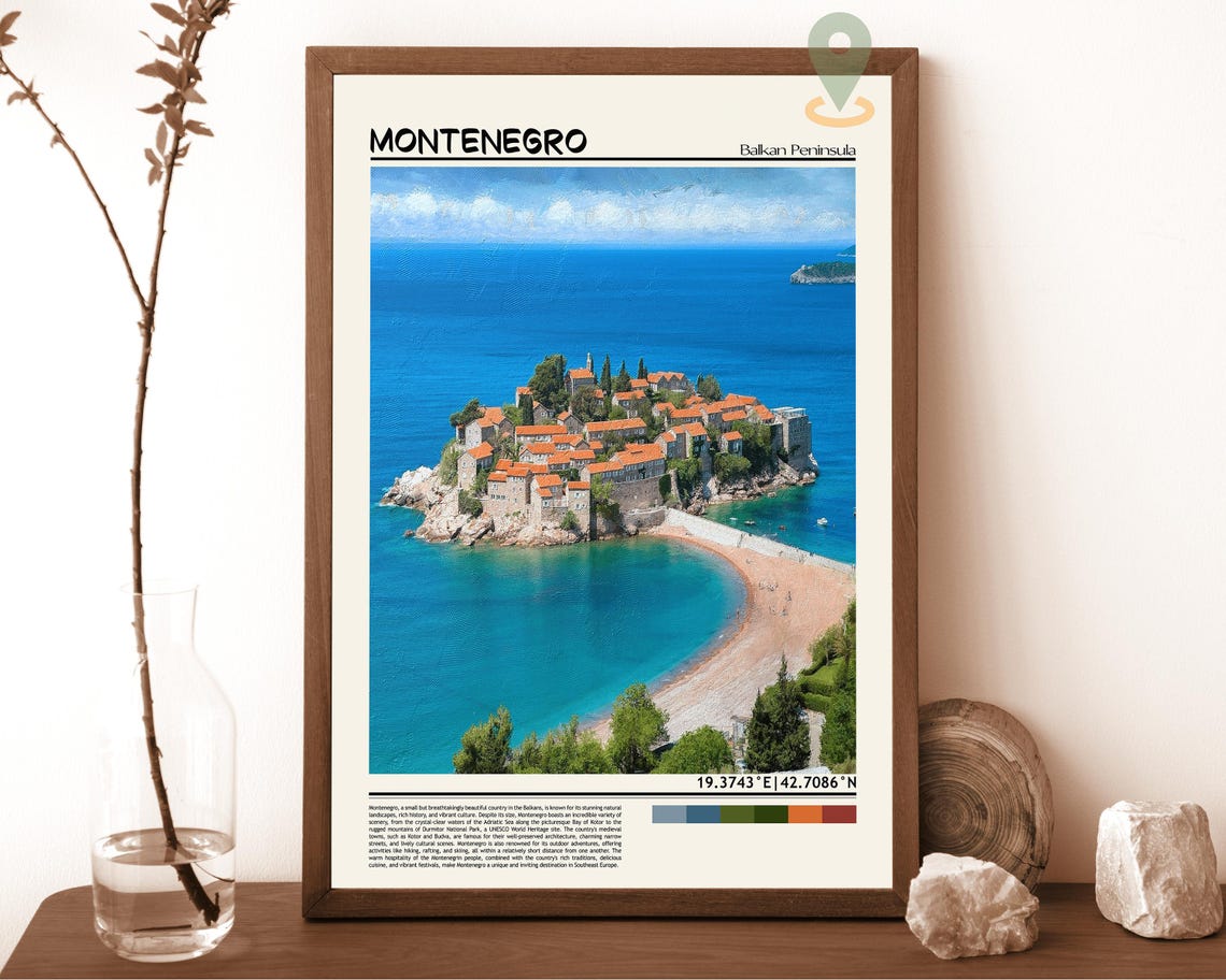 Montenegro Balkan Coast Red Roof Island Village Travel Poster