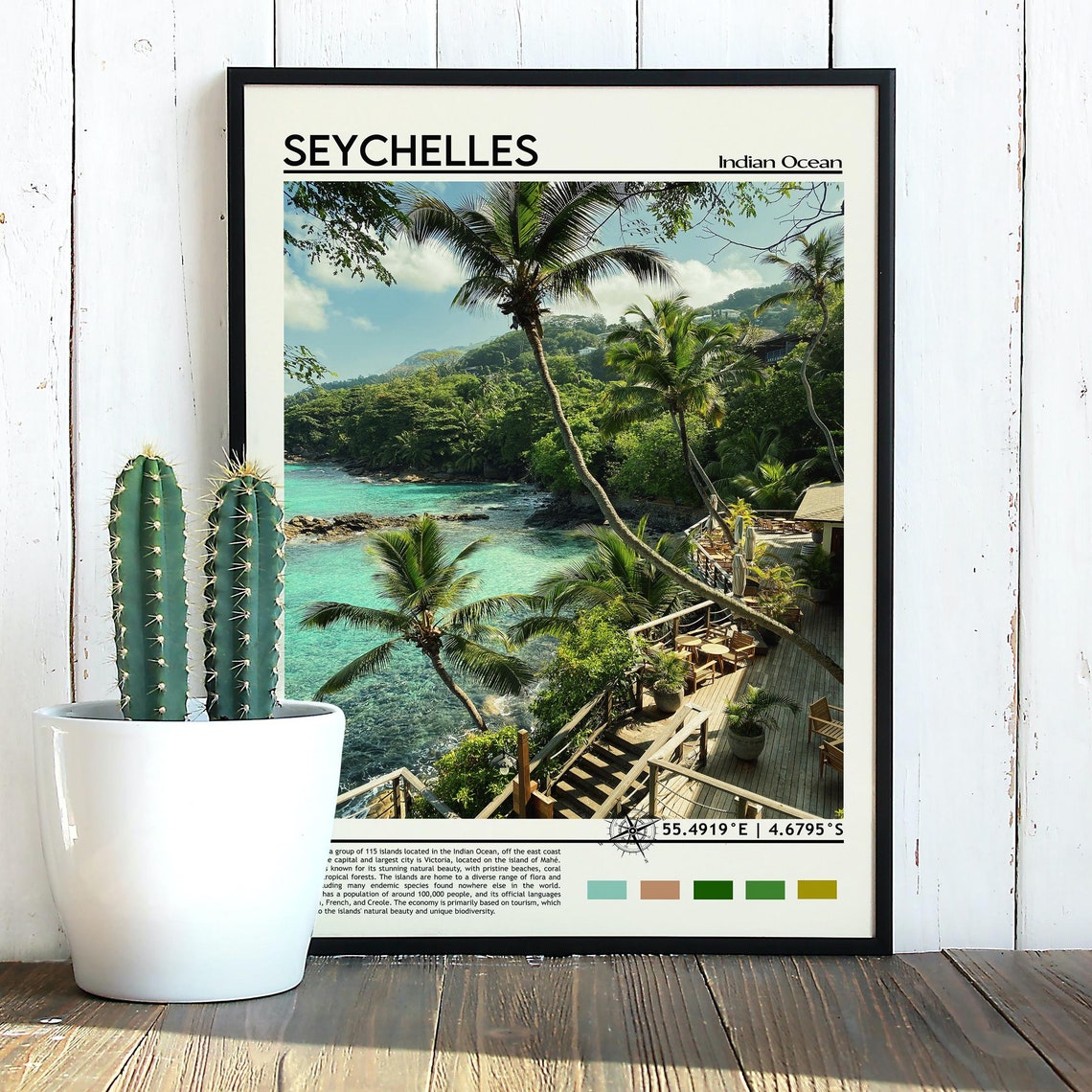 Seychelles Indian Ocean Tropical Palm Beach Paradise Coordinate Poster - Image 2