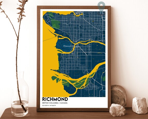 Richmond British Columbia Canada Golden Navy City Map Home Decor Poster