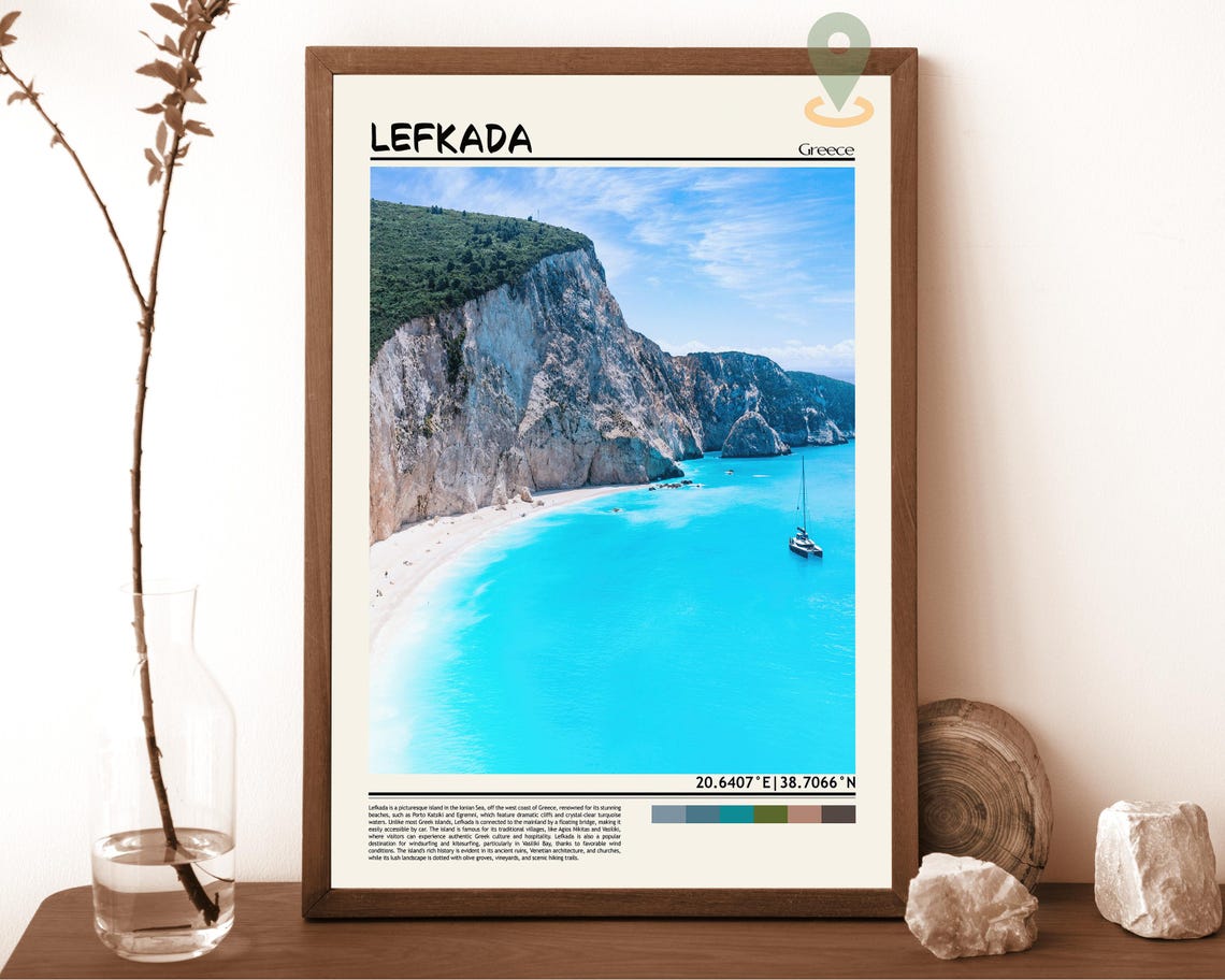 Lefkada Greece Turquoise Cliff Beach Lone Sailboat Seascape Poster