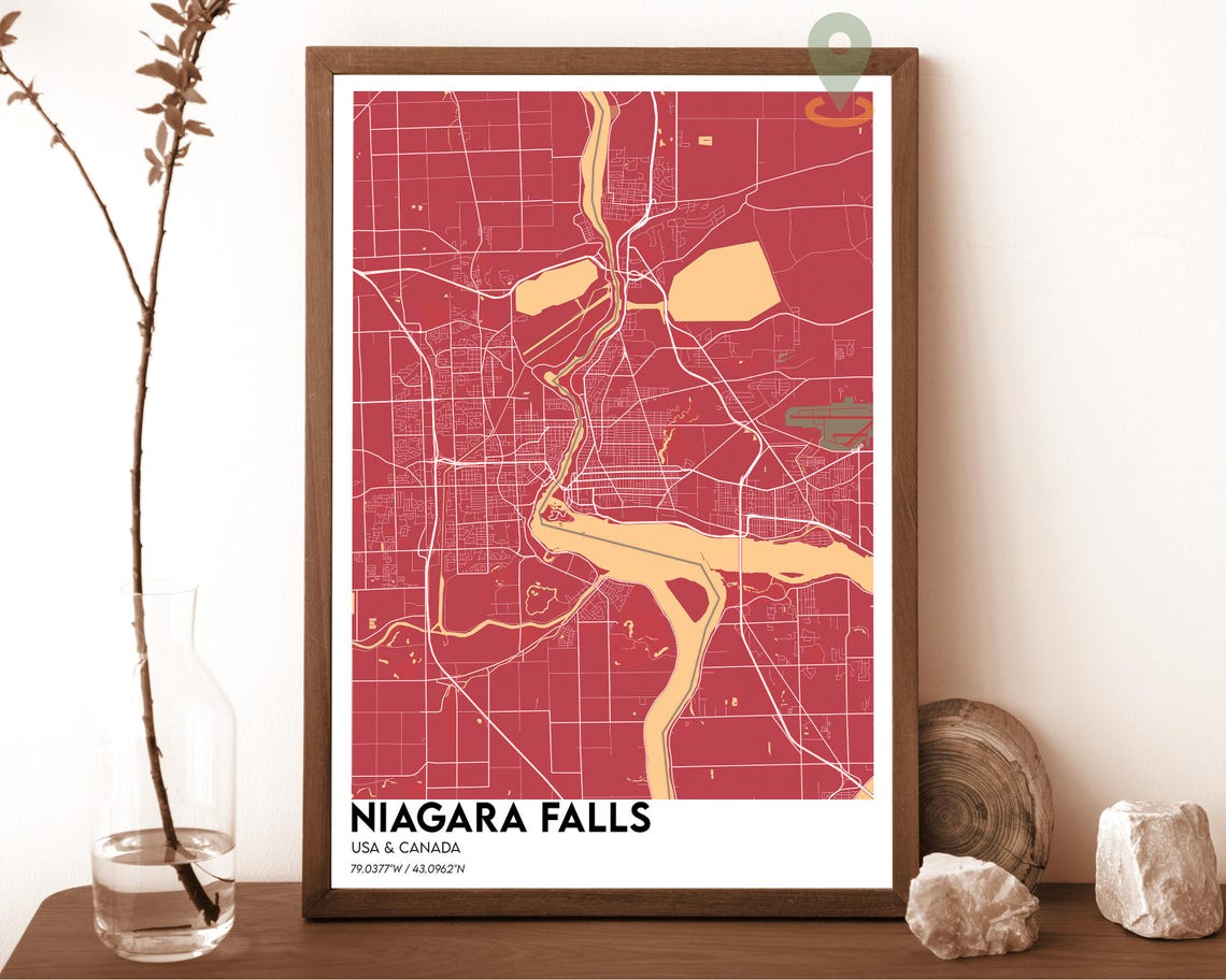 Niagara Falls USA Canada Border River Cream Pink Art Map Poster - Image 4
