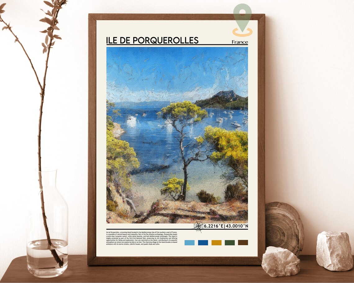 Ile de Porquerolles France Island Coast Painted Travel Facts Poster