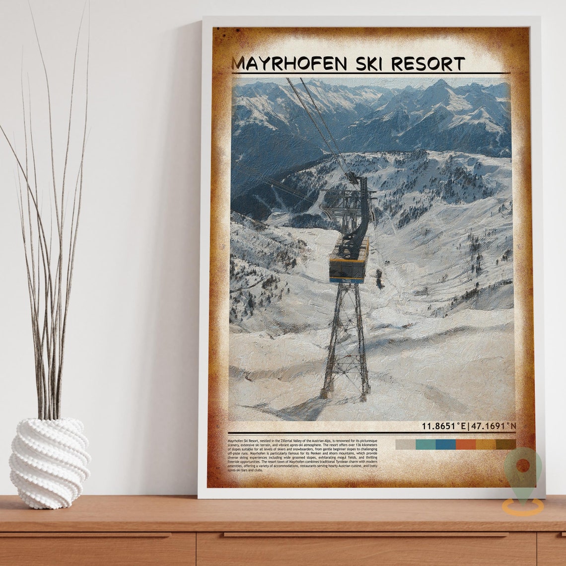 Mayrhofen Ski Resort Cable Car Ride Over Snowy Valley Poster - Image 3