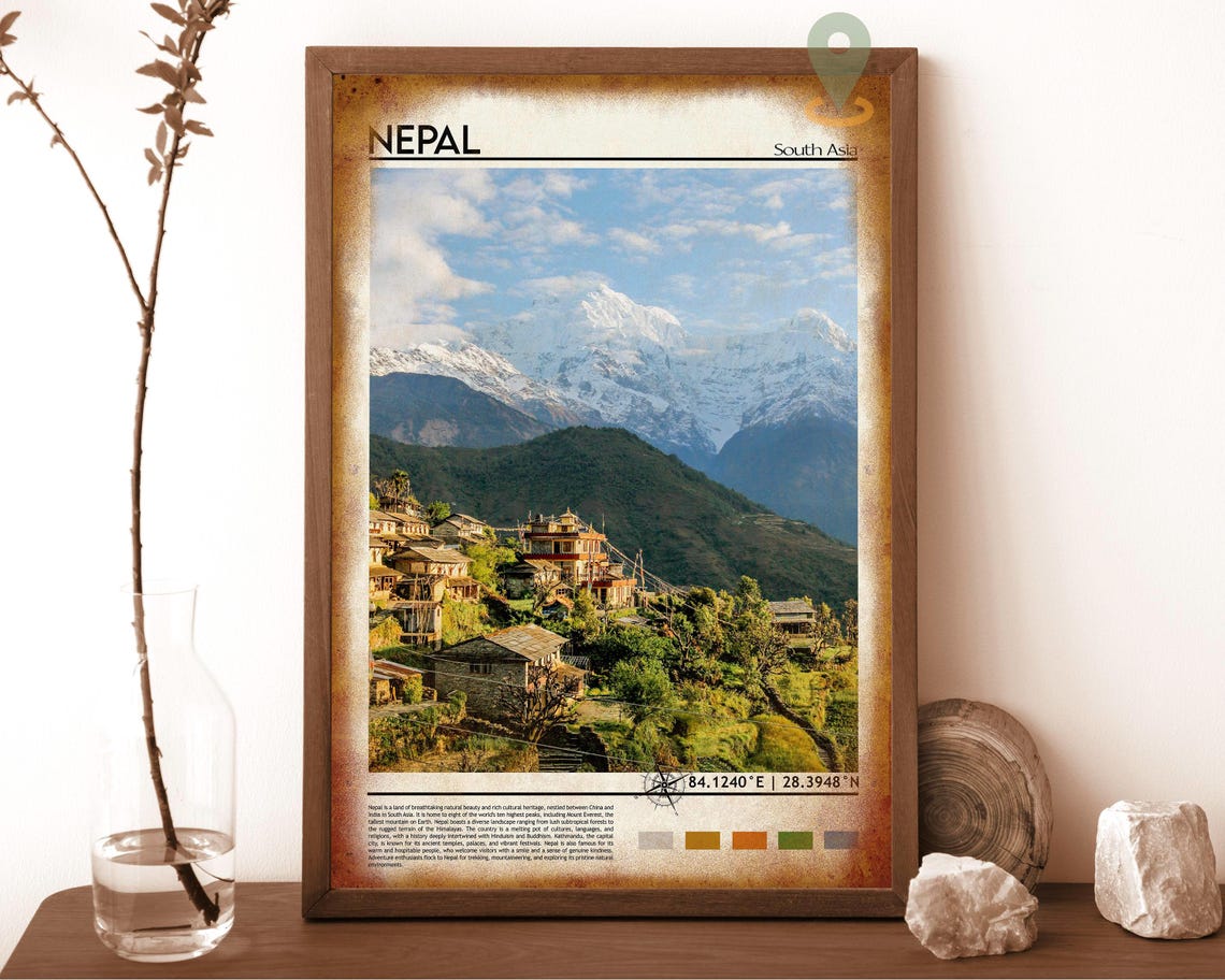 Nepal South Asia Snowy Himalayan Peak Terraced Village View Poster - Image 6