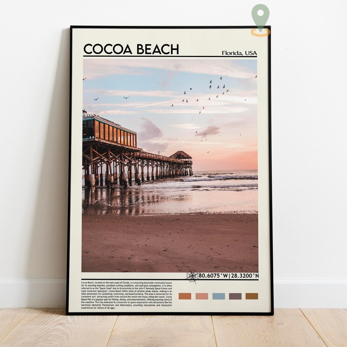 Cocoa Beach Florida Pink Sand Sunset Pier Ocean Travel Poster - Image 2