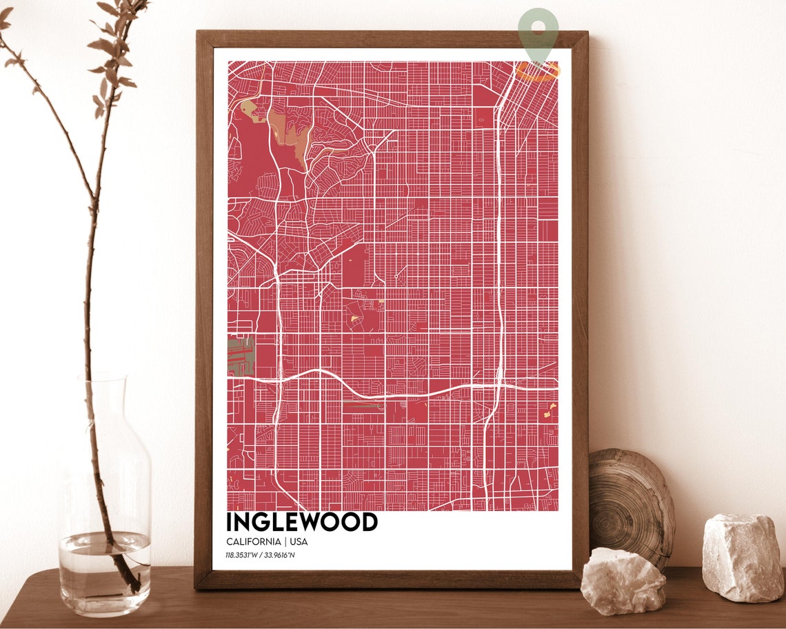 Inglewood California Modern Street Map Navy Teal Grid Poster - Image 3