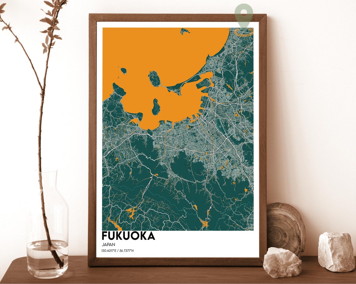 Fukuoka Japan Light Grey Blue Bay City Map Home Decor Poster - Image 4