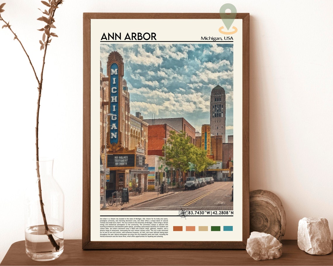 Ann Arbor Michigan Theater Marquee Downtown College Town Travel Poster