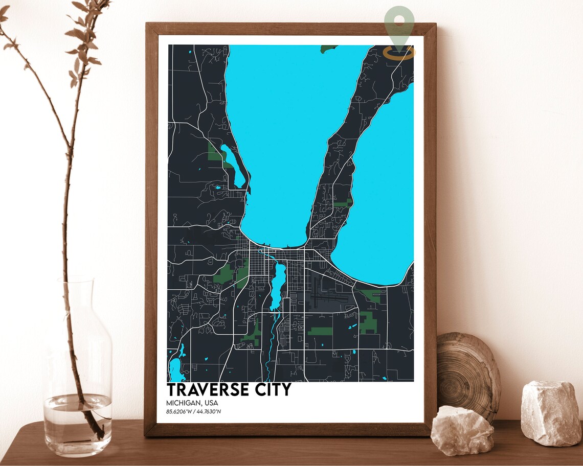 Traverse City Michigan Pink And Navy Street Map Modern City Art Poster - Image 6