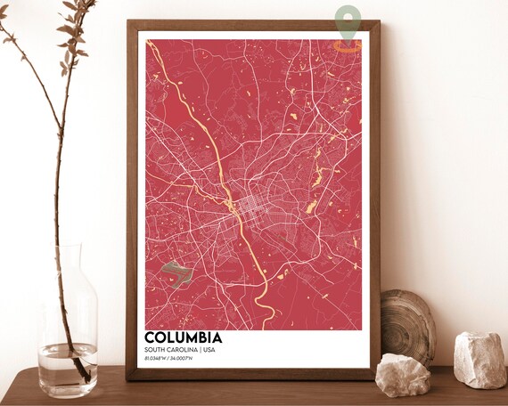 Columbia South Carolina Crimson Red Modern City Map Art Poster
