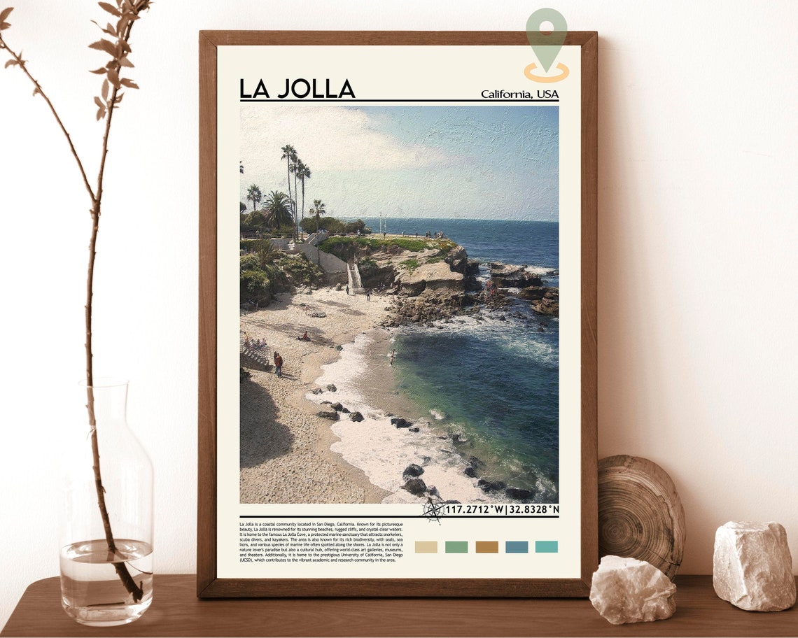 La Jolla California Sandy Cove Beach Cliffs Palms Travel Poster