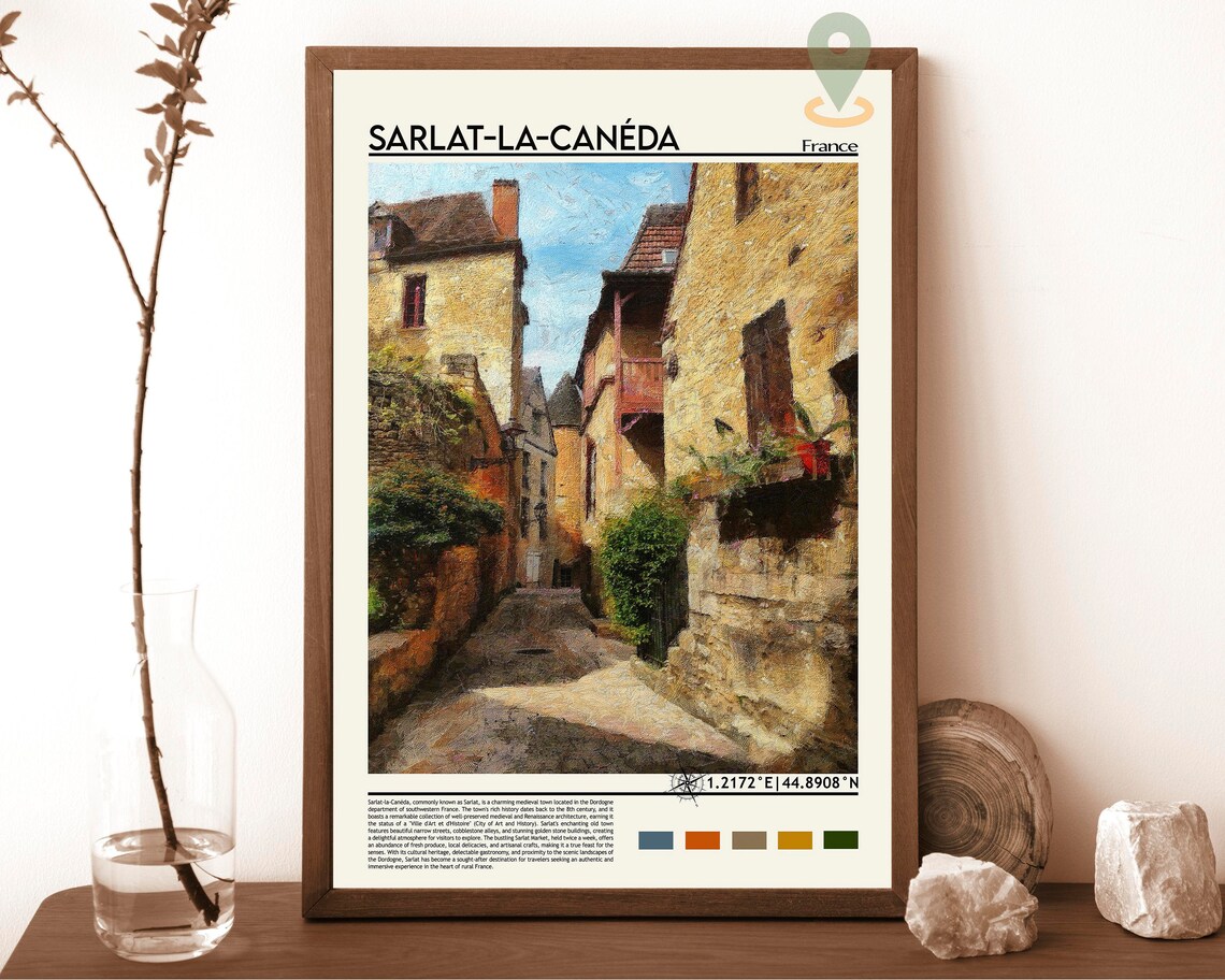 Sarlat la Caneda France Medieval Stone Village Street Travel Poster