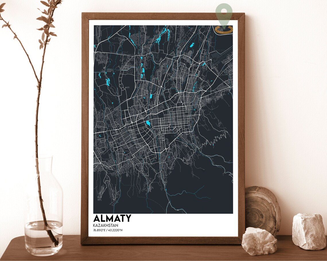 Almaty Kazakhstan City Map Dark Navy Magenta Street Lines Poster - Image 2