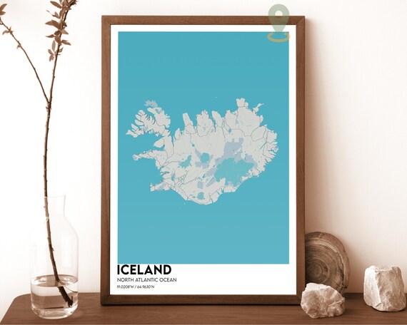 Iceland North Atlantic Ocean White Teal Modern Map Art Poster