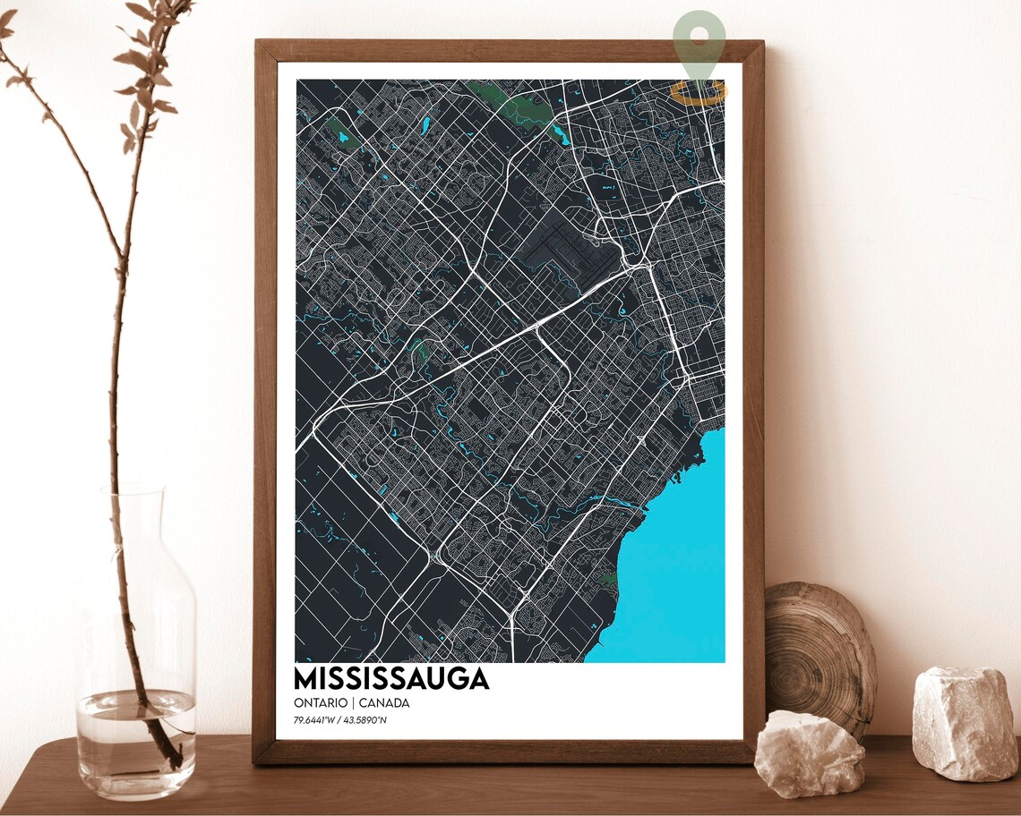 Mississauga Ontario Canada Navy Gold Lake Street Map Art Poster - Image 3