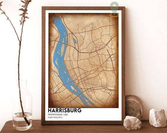 Harrisburg Pennsylvania Vintage City Map Sepia River Art Poster