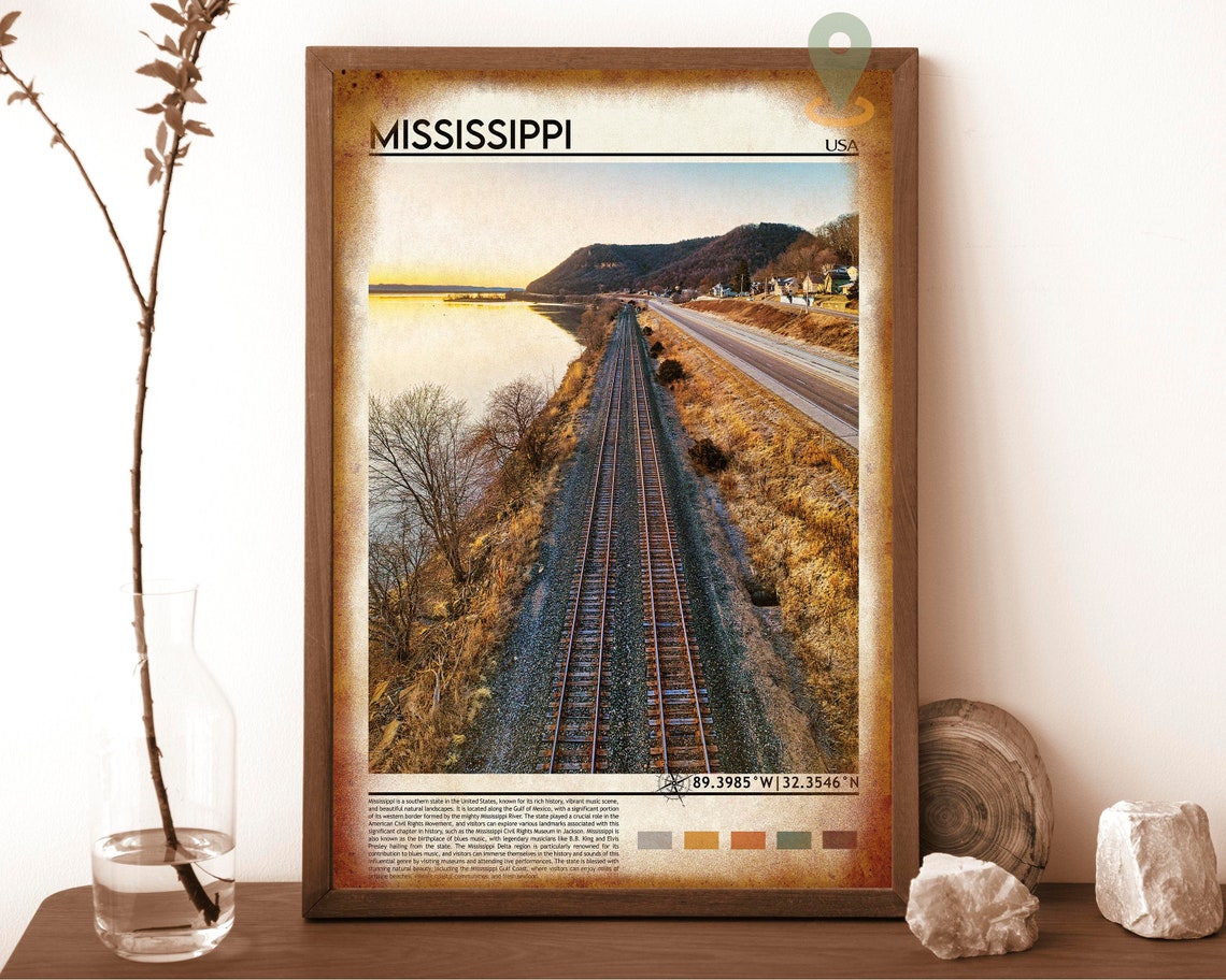 Mississippi USA River Railroad Tracks Sunset Golden Light Poster - Image 6