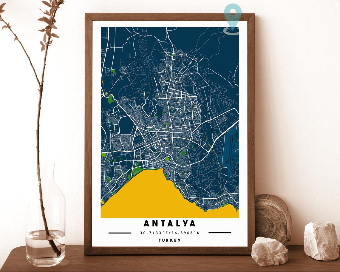 Antalya Turkey navy with a pale cream coast Street Map Coordinates Poster - Image 6