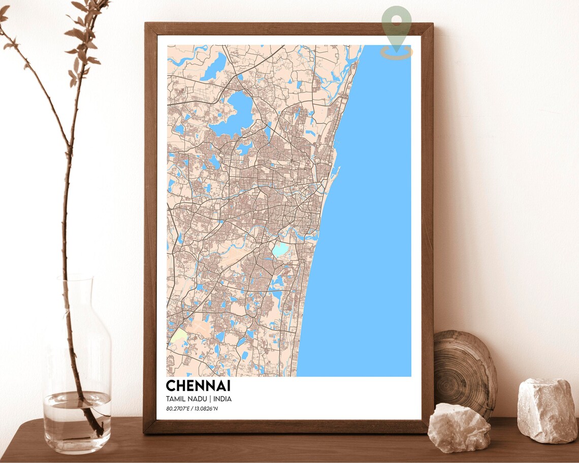 Chennai India Coastal Street Map Charcoal Orange Bay of Bengal Art Print - Image 5