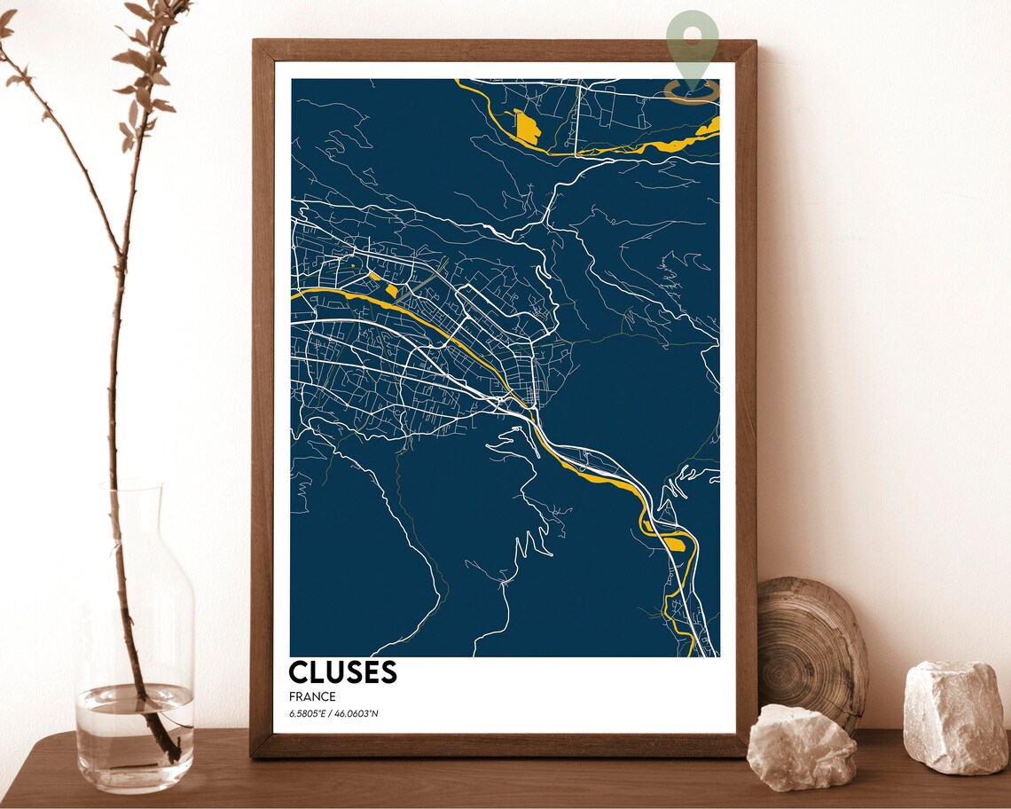 Cluses France City Map Deep Navy Gold Modern Street Wall Art