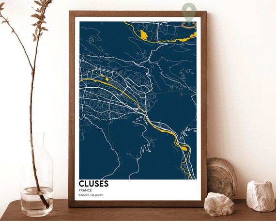Cluses France City Map Deep Navy Gold Modern Street Wall Art