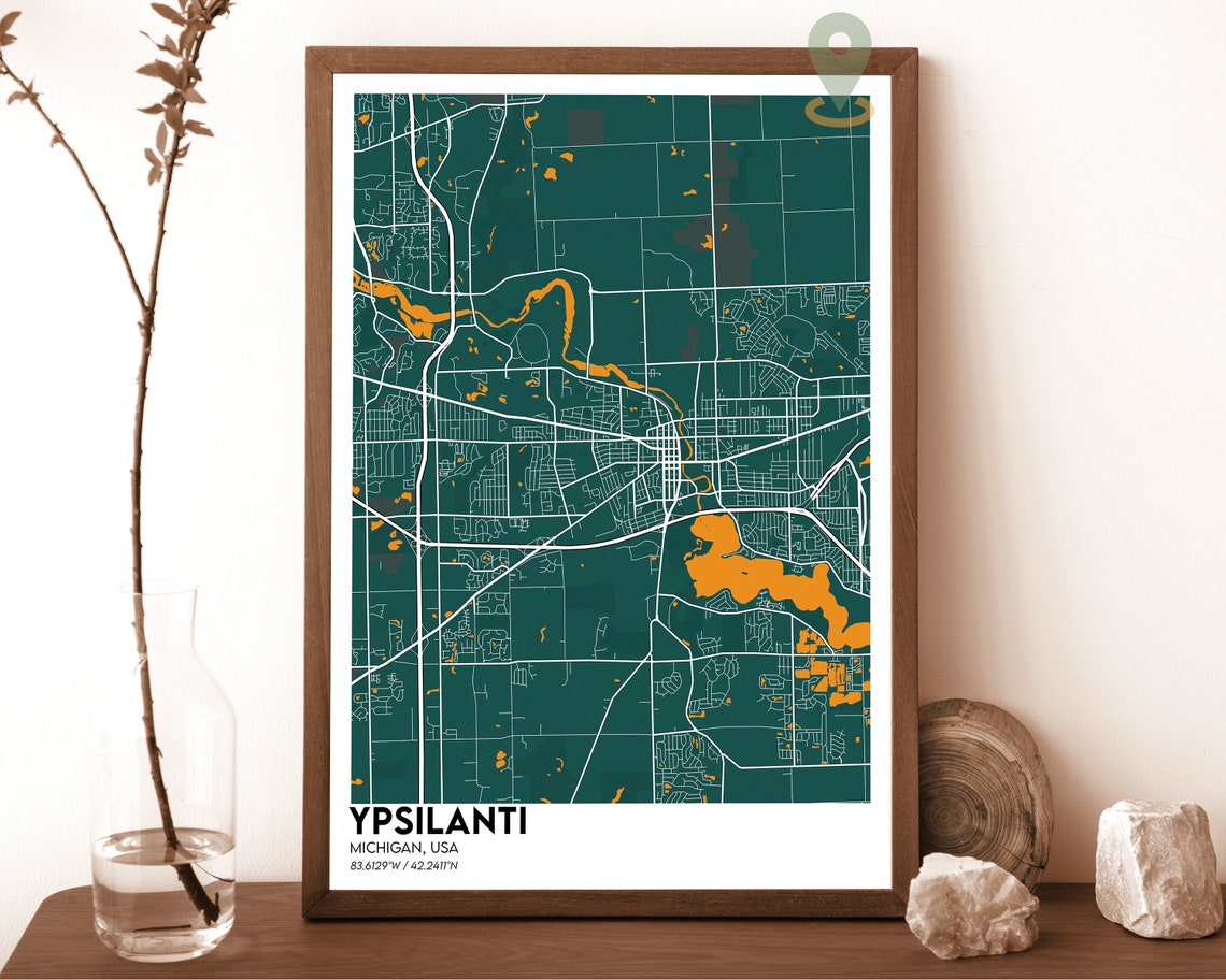 Ypsilanti Michigan Forest Green Orange Modern City Map Poster