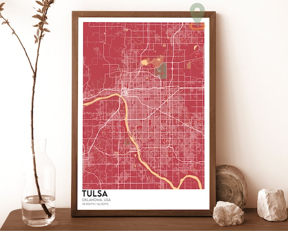 Tulsa Oklahoma Striking Crimson Red Modern City Map Art Poster