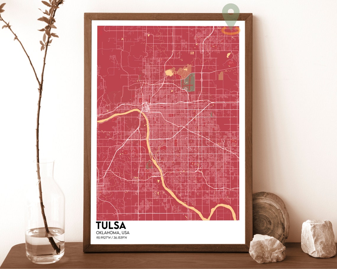 Tulsa Oklahoma Striking Crimson Red Modern City Map Art Poster