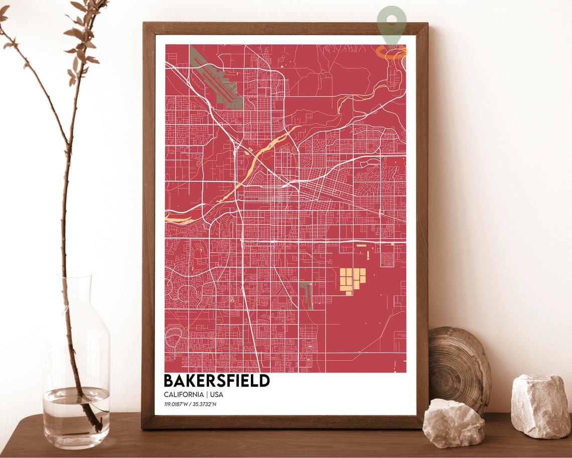 Bakersfield California USA Bold Red Modern City Street Map Poster