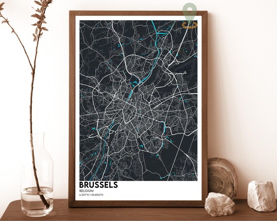 Brussels Belgium Dark Night City Map Cyan Canals Decor Poster