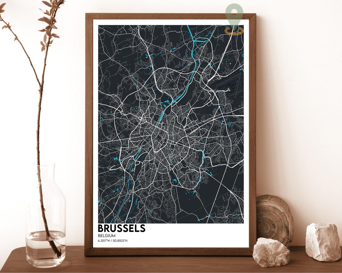 Brussels Belgium Dark Night City Map Cyan Canals Decor Poster