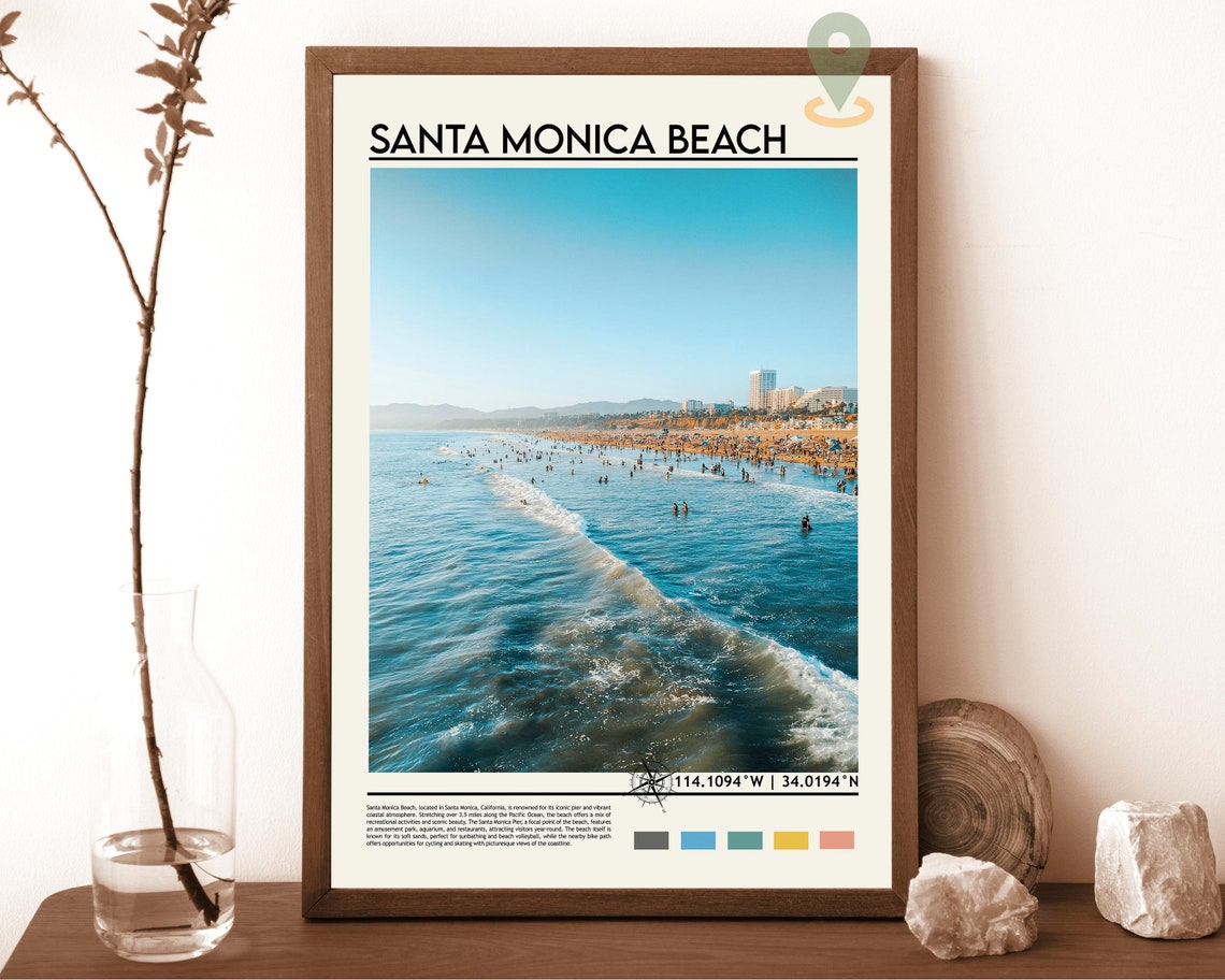 Santa Monica Beach California Waves Crowded Summer Travel Poster
