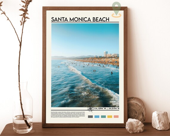 Santa Monica Beach California Waves Crowded Summer Travel Poster