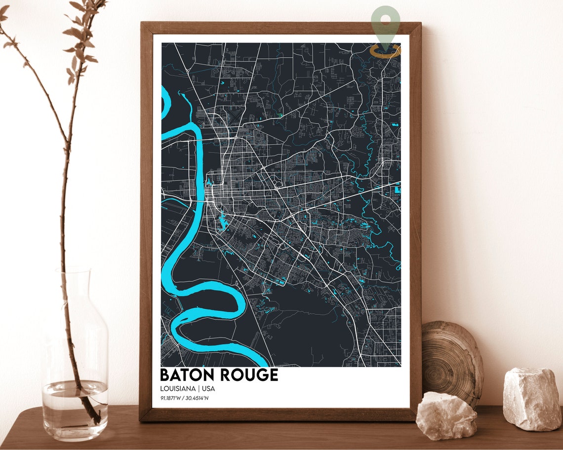 Baton Rouge Louisiana City Map Red Bold Mississippi River Map Poster - Image 6