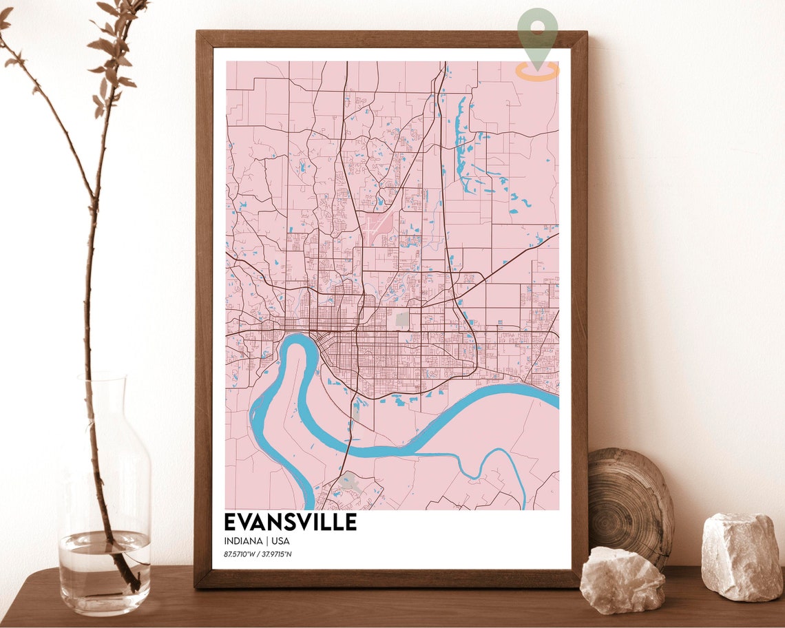 Evansville Indiana Dark Street Map Orange River City Art Poster - Image 5