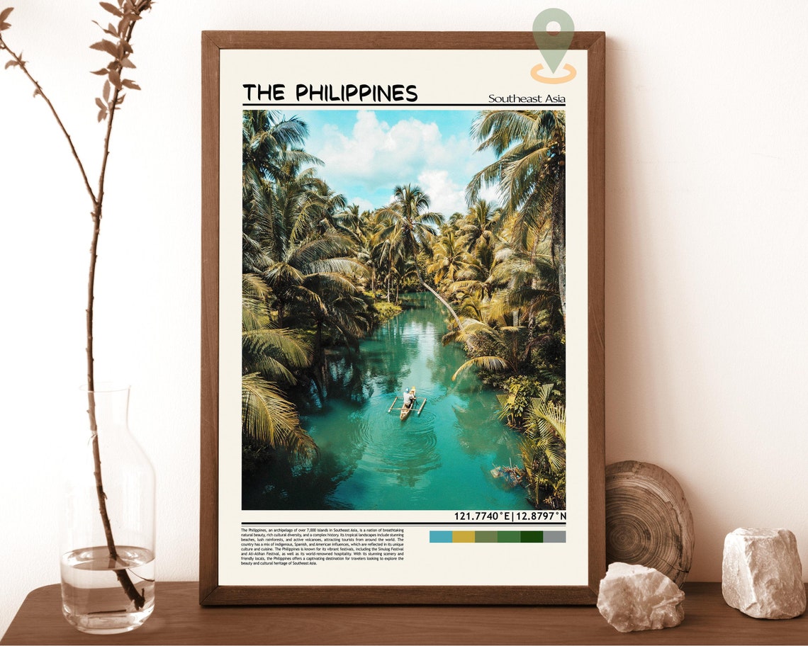 Philippines Palm River Turquoise Jungle Waterway Scene Travel Poster