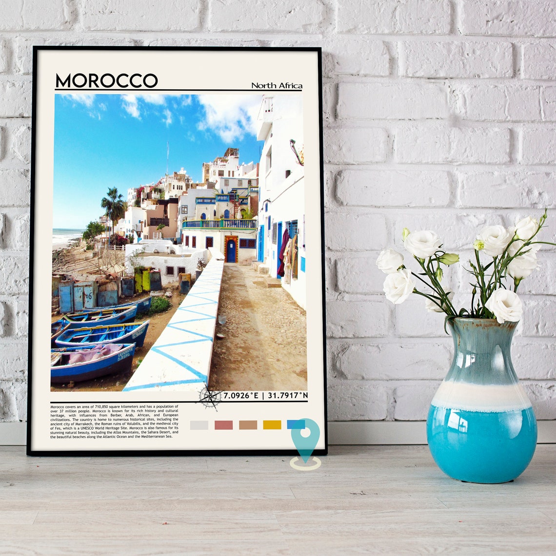 Morocco Blue Fishing Boats Whitewashed Village Coastal Travel Poster - Image 2