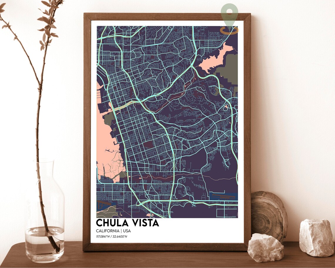 Chula Vista California Neon Pink Street Map Dark Navy Coastal Art Print - Image 3
