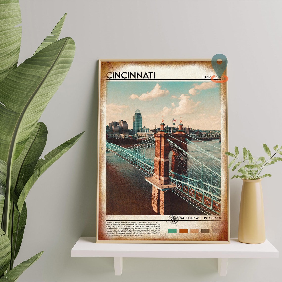 Cincinnati Ohio Roebling Suspension Bridge River Travel Poster - Image 2