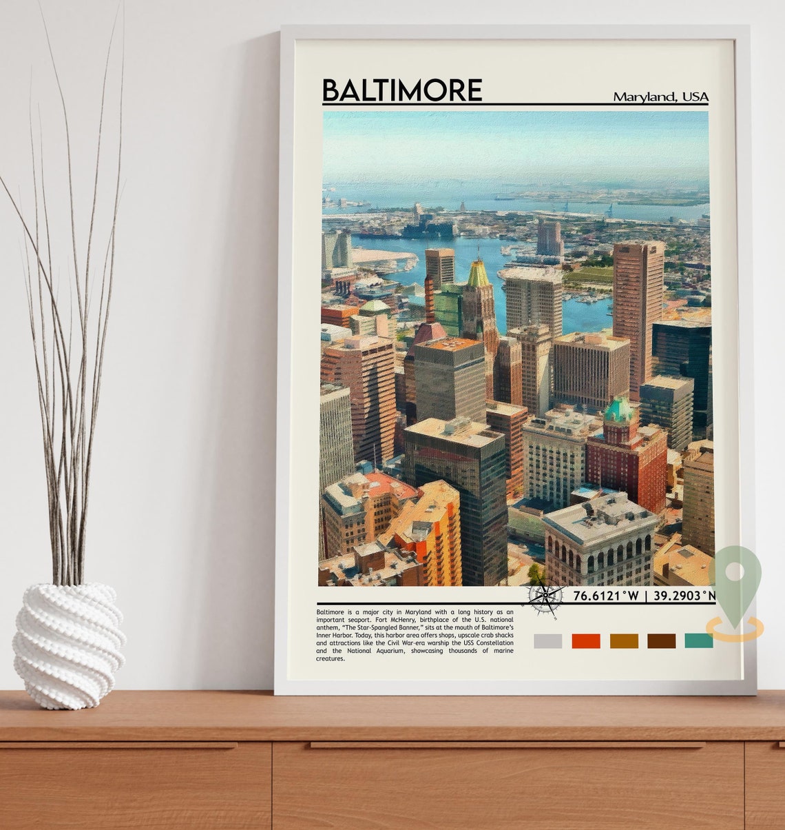 Baltimore Maryland Inner Harbor Skyline Cityscape Travel Poster - Image 3