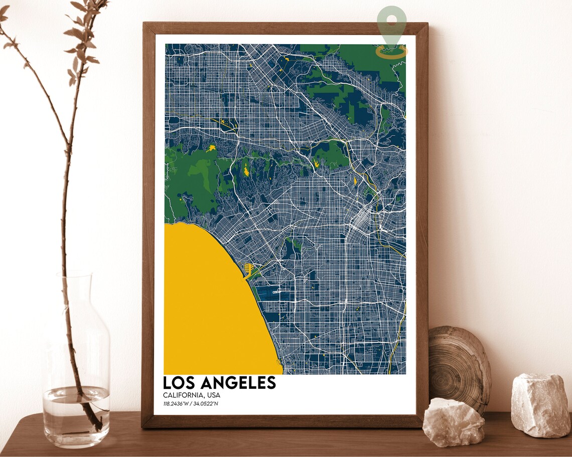 Los Angeles California Navy Yellow Coastal Street Map Poster