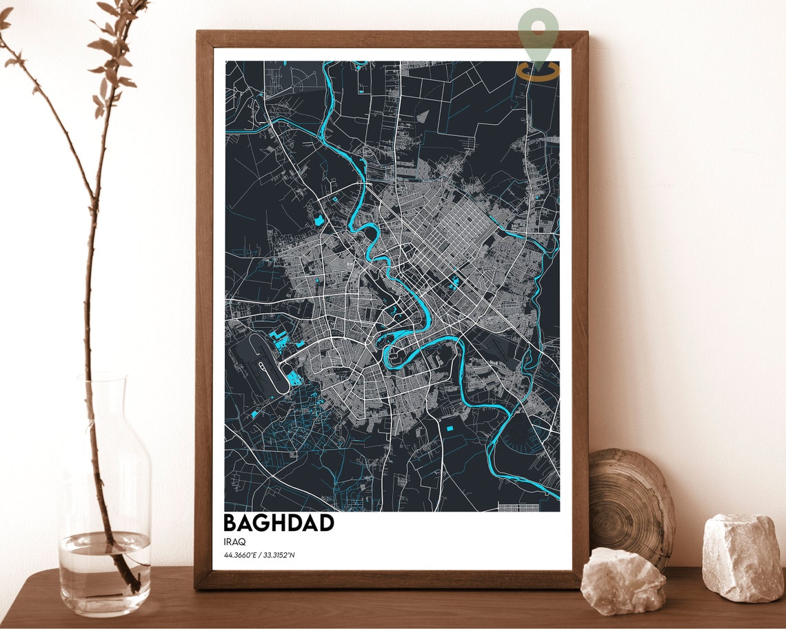 Baghdad Iraq City Map Dark Tigris River Street Network Poster