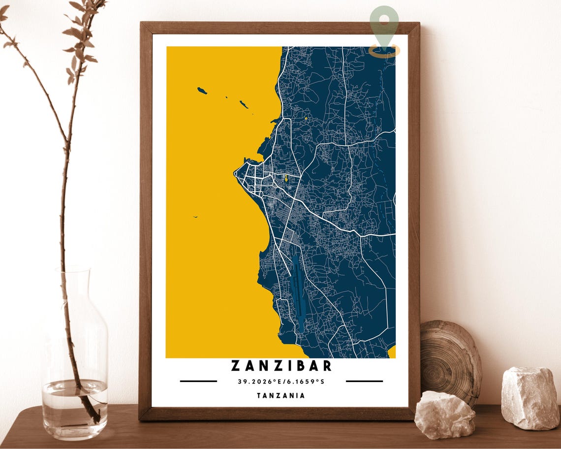 Zanzibar Tanzania Cream Blue Island Street Map Modern Wall Art - Image 2