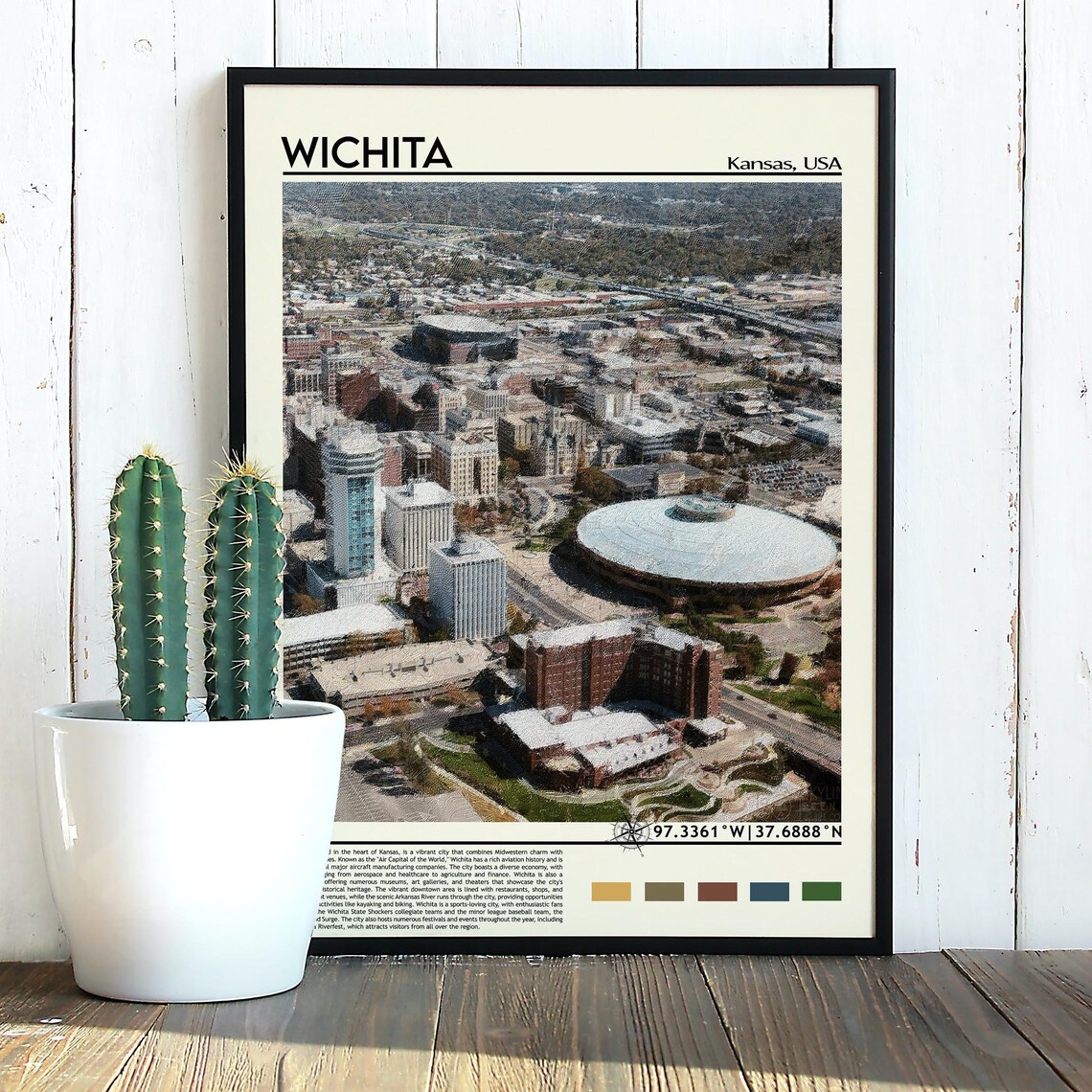 Wichita Kansas Downtown Aerial City View Oil Paint Art Poster - Image 5