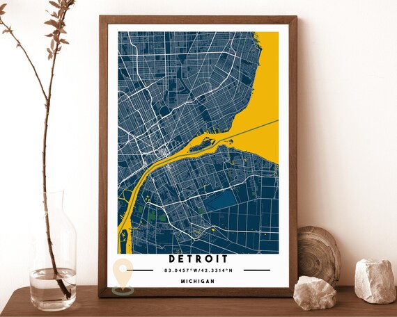 Detroit Michigan Navy Yellow City Street Map Coordinates Travel Poster