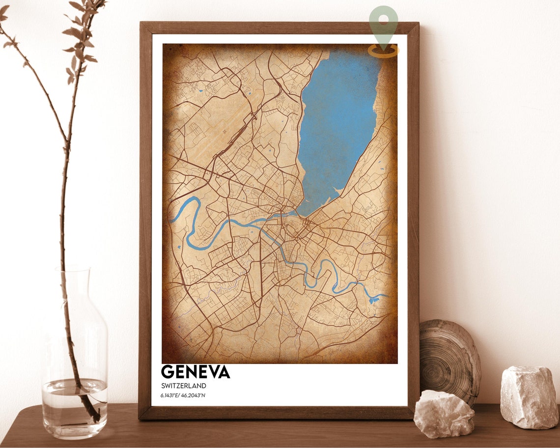 Geneva Switzerland Teal Peach Modern City Map Home Decor Poster - Image 2