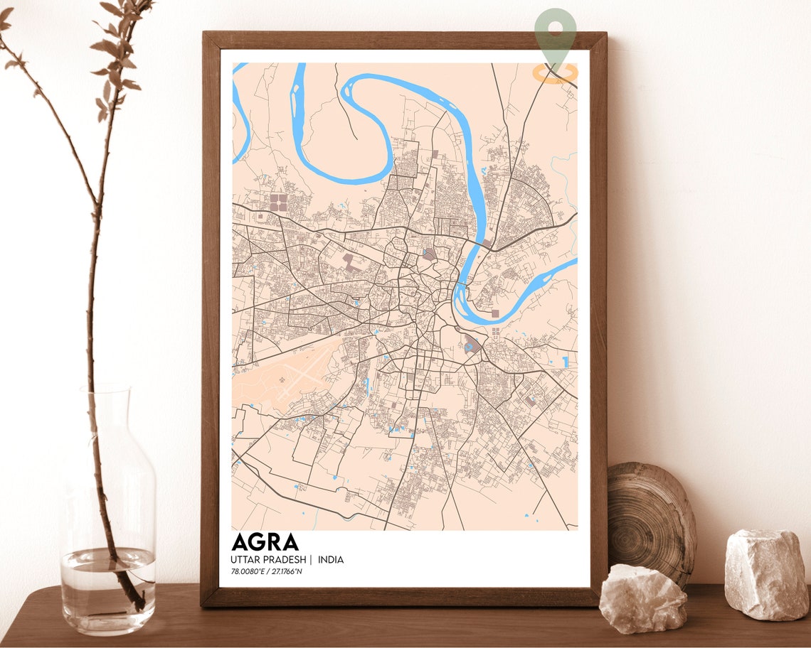 Agra India City Map Dark Yamuna River Taj City Street Map Poster - Image 4