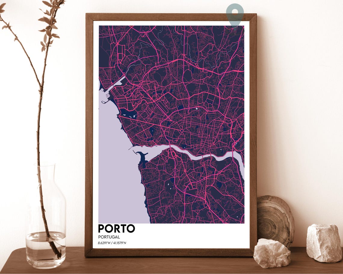Porto Portugal Navy Yellow Douro River City Map Home Decor Poster - Image 2