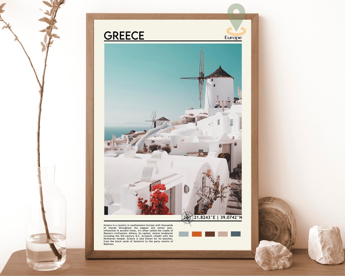 Santorini Greece Whitewashed Village and Windmill Aegean Travel Poster